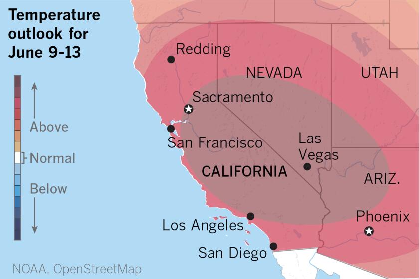 Map showing above-normal temperatures in California and the Southwest.
