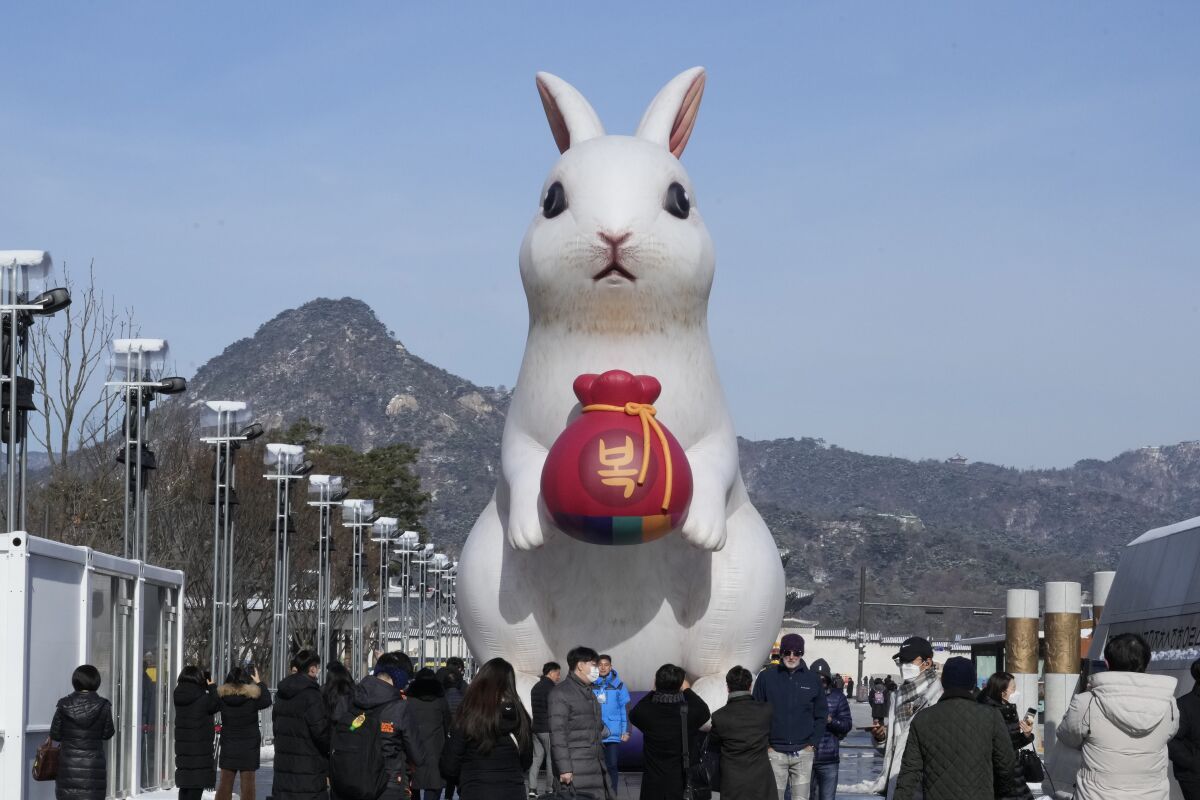 2023년 토끼의 해를 앞두고 서울 광화문광장에 거대한 토끼 설치물이 설치돼 있다.