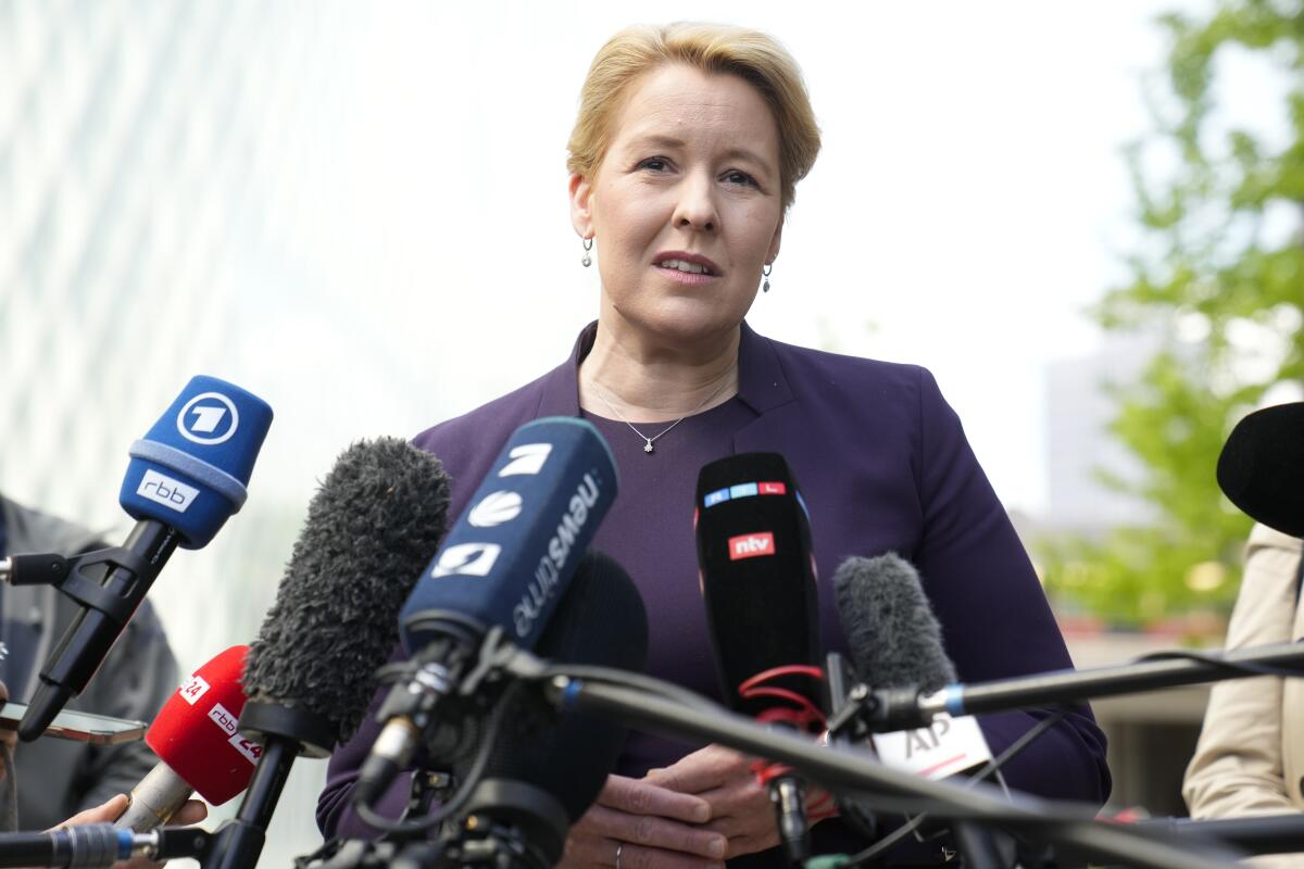 Franziska Giffey, Berlin's top economic official, speaks to media.