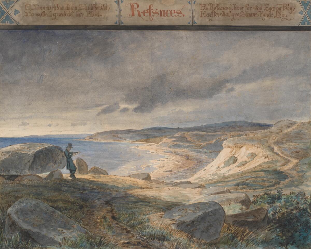 painting of a man and a landscape before an ocean