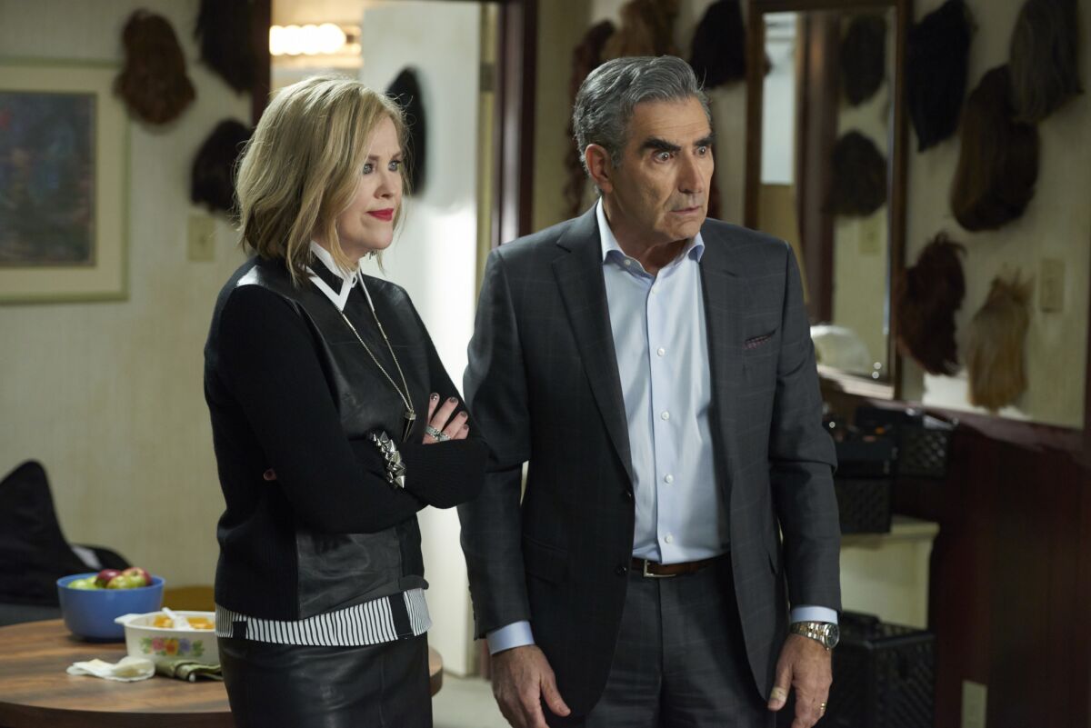 Catherine O'Hara as Moira Rose, with Eugene Levy in "Schitt's Creek."