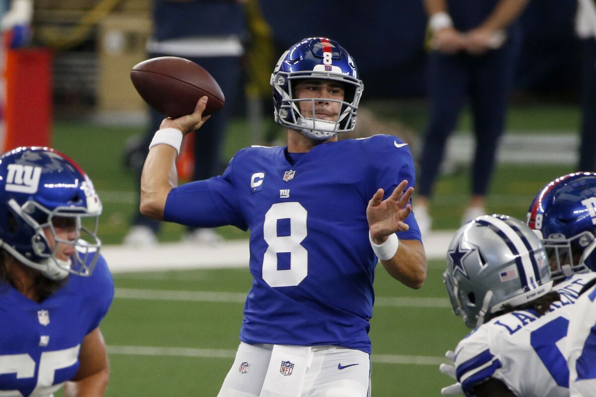 New York Giants quarterback Daniel Jones throws against the Dallas Cowboys on Oct. 11.