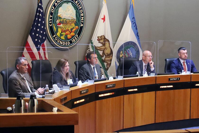 The Anaheim City Council, from left, Dr. Jose F Moreno, Gloria SahaGun Ma'ae, Trevor O'Neil, Stephen Faessel, and Avelino Valencia, during the Anaheim City Council meeting at the Anaheim City Hall in Anaheim on Tuesday, June 7, 2022. The Anaheim City Council agenda was to discuss and provide direction on an audit regarding former Mayor Harry Side's campaign contributions and also to discuss the alternatives with regard to the Mayoral vacancy. (Photo by James Carbone)