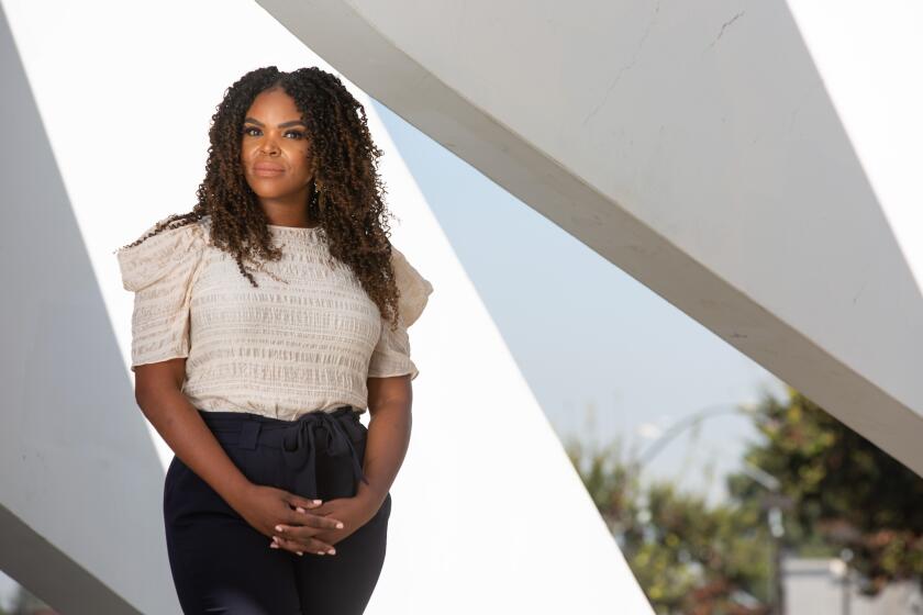 COMPTON, CA - OCTOBER 15: Aja Brown, Mayor of Compton, poses for a portrait at the Martin Luther King Jr. Memorial located outside Compton City Hall on Thursday, Oct. 15, 2020 in Compton, CA. (Jason Armond / Los Angeles Times)