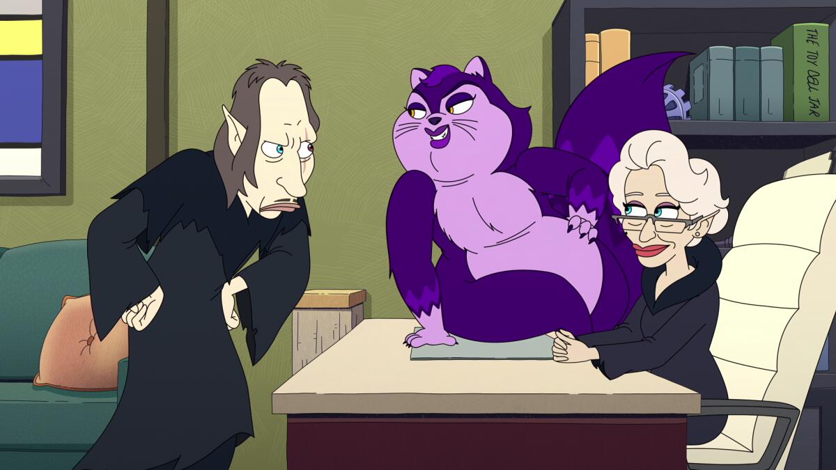 Two cartoon wizards at a desk, with a large purple cartoon cat sitting atop it.