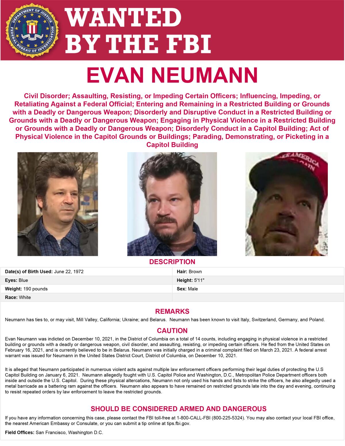 A "Wanted by the FBI" poster shows three photos of a man.