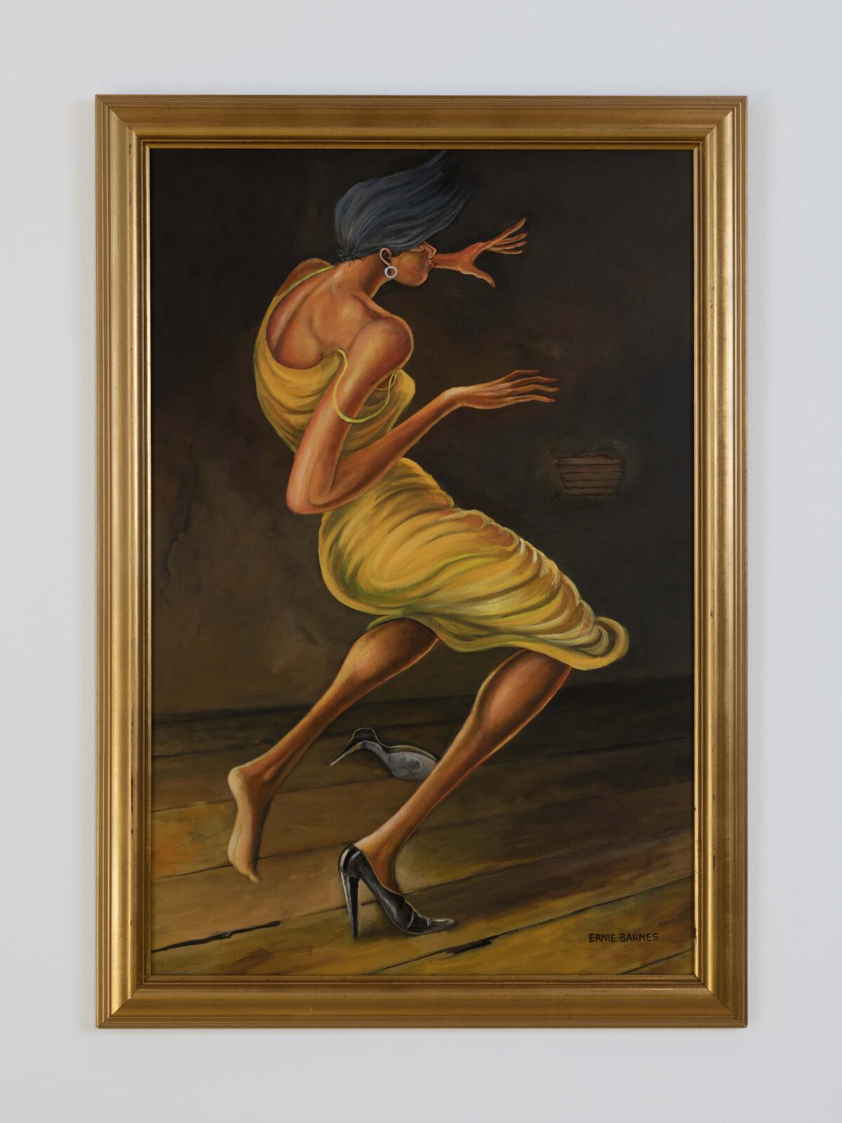 A painting of a woman in a yellow dress dancing with abandon.