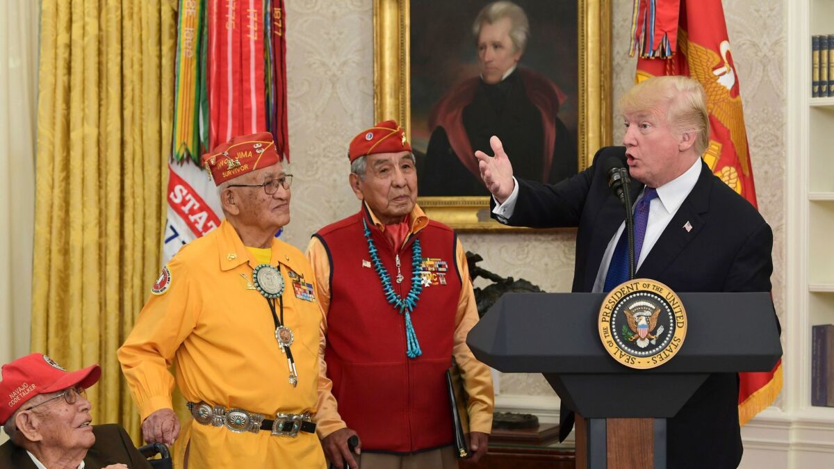 President Trump with Navajo Code Talkers in the Oval Office on Nov. 27, 2017.