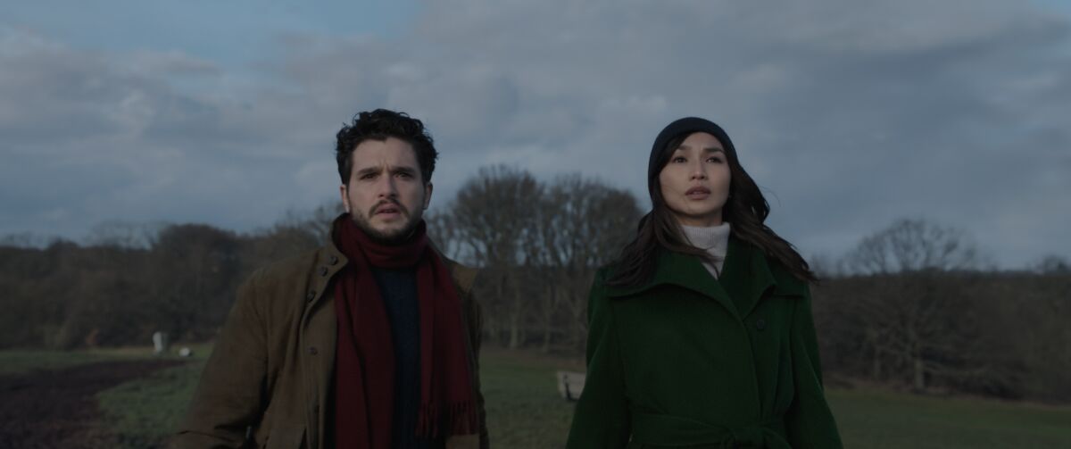 A man and a woman in jackets against a gray, winter landscape