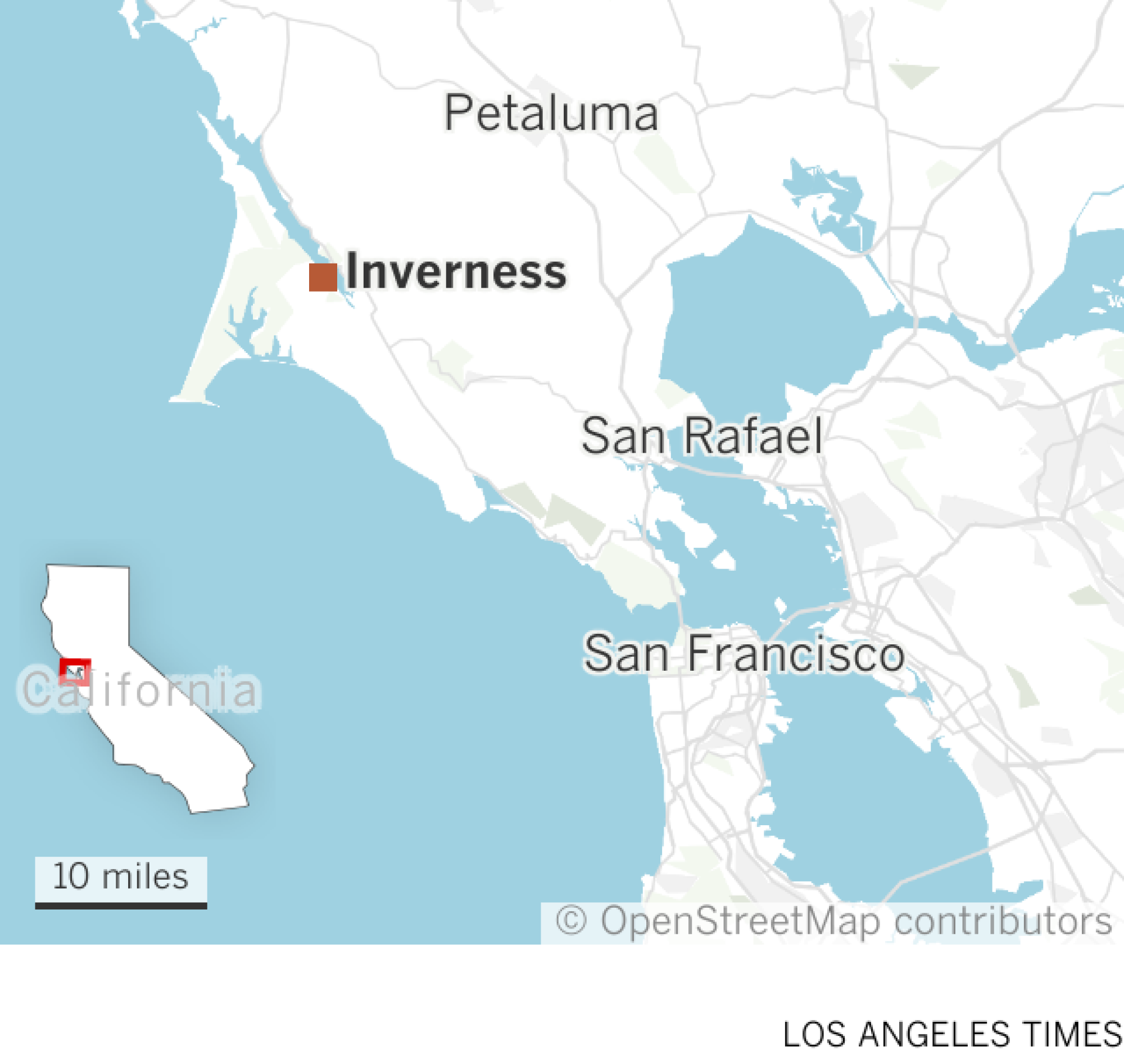 Map of Inverness, California, where the SS Point Reyes shipwreck is found, north of San Francisco Bay