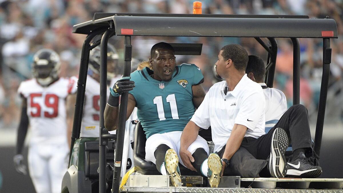 Jacksonville Jaguars wide receiver Marqise Lee (11) leaves the field on a medical cart after he was injured during the first half.