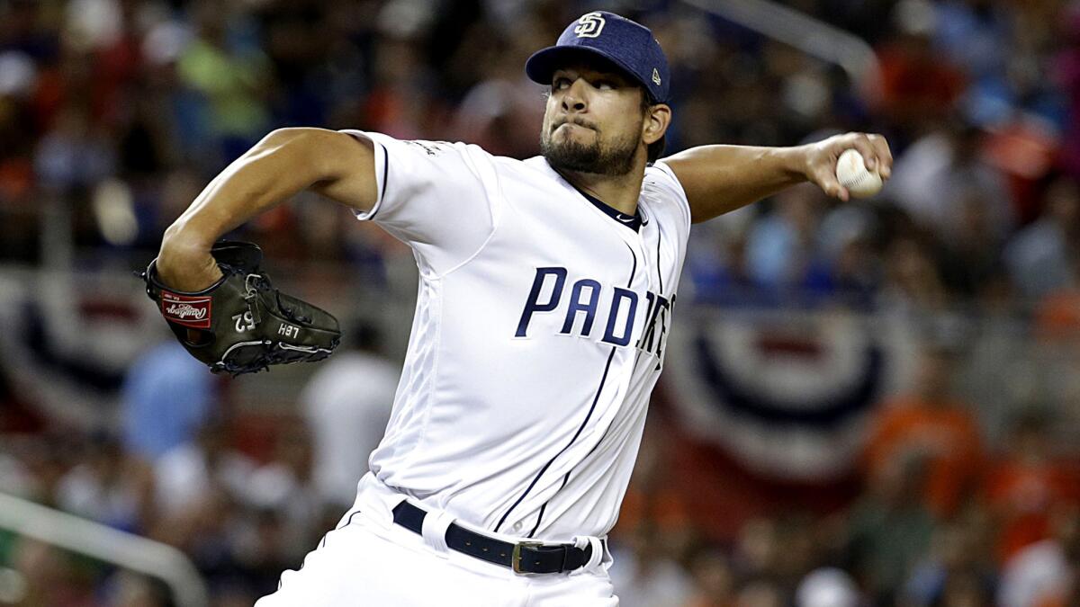 Padres reliever Brad Hand has a 2.30 earned-run average in 42 appearances over 47 innings this season.