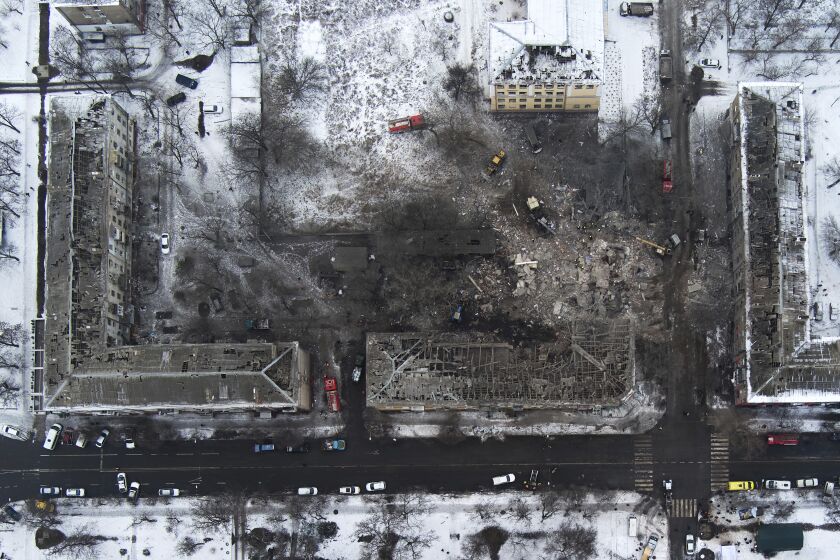An aerial view of apartment buildings hit by Russian rockets in Kramatorsk, Ukraine, Thursday, Feb. 2, 2023. (AP Photo/Yevgen Honcharenko)