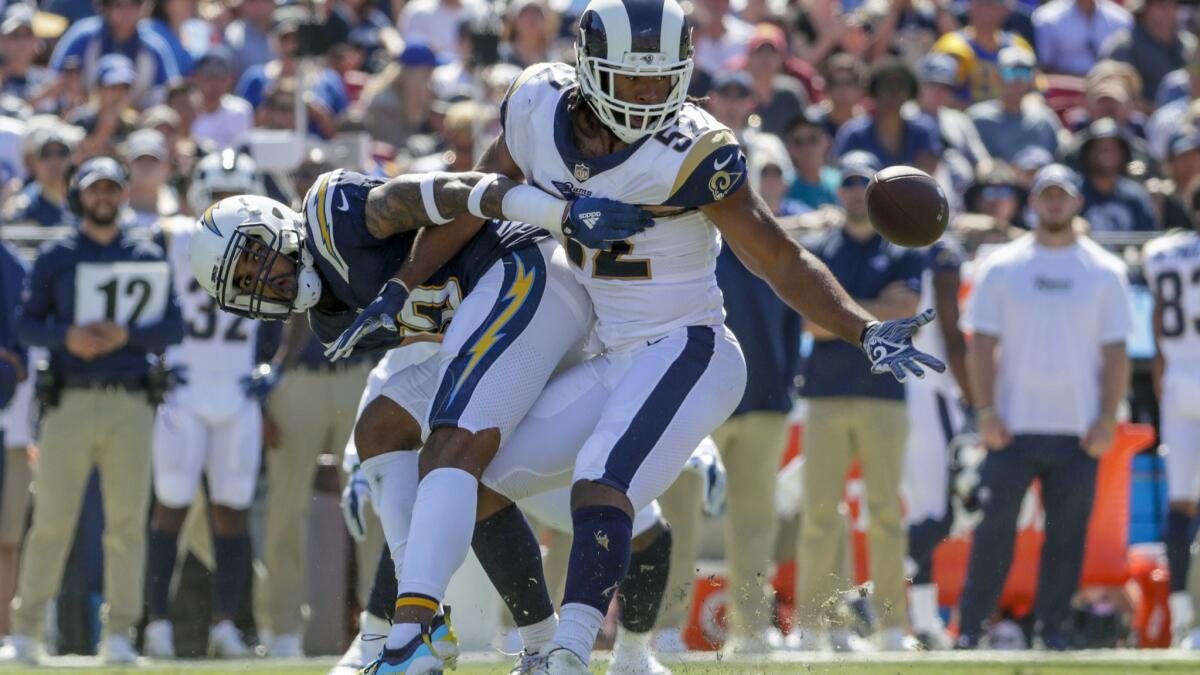 Rams linebacker Ramik Wilson covers Chargers receiver Keenan Allen during first half action of their game earlier in the season at the Coliseum.