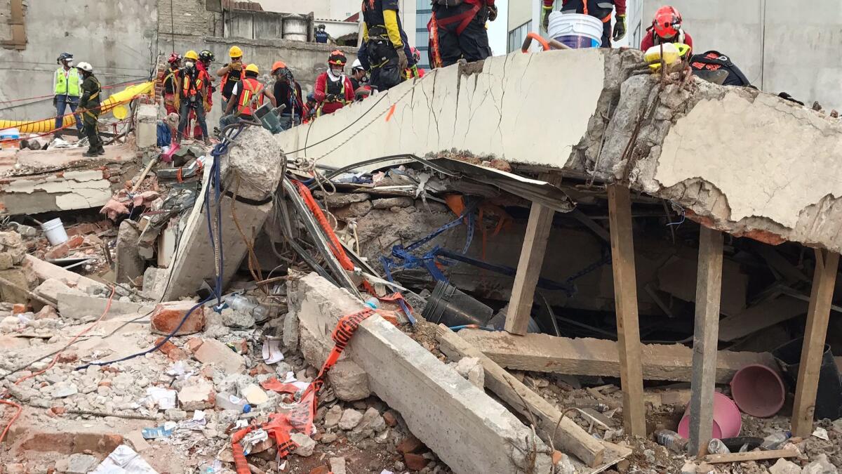 A shattered concrete column or beam from roof of the office building at Avenida Alvaro Obregon 286, in the Condesa neighborhood of Mexico City.