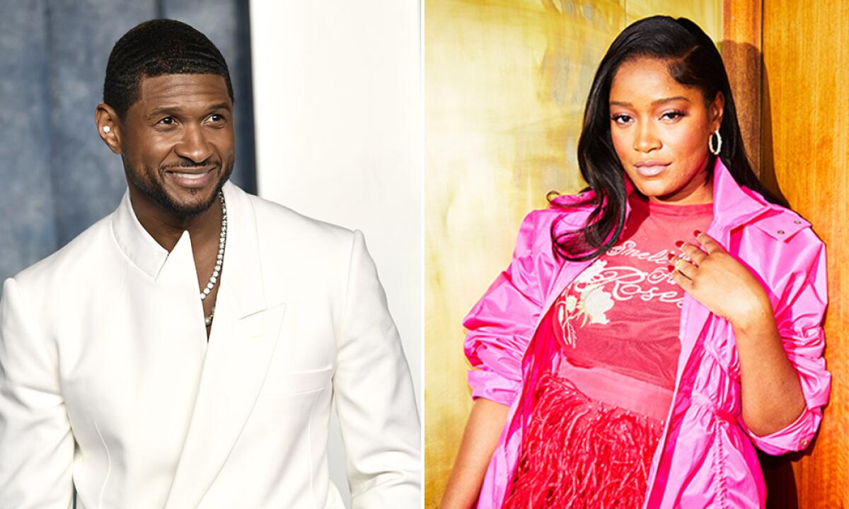 One photo of Usher in a white blazer and chain. Another photo of Keke Palmer in a hot pink blazer and dress.