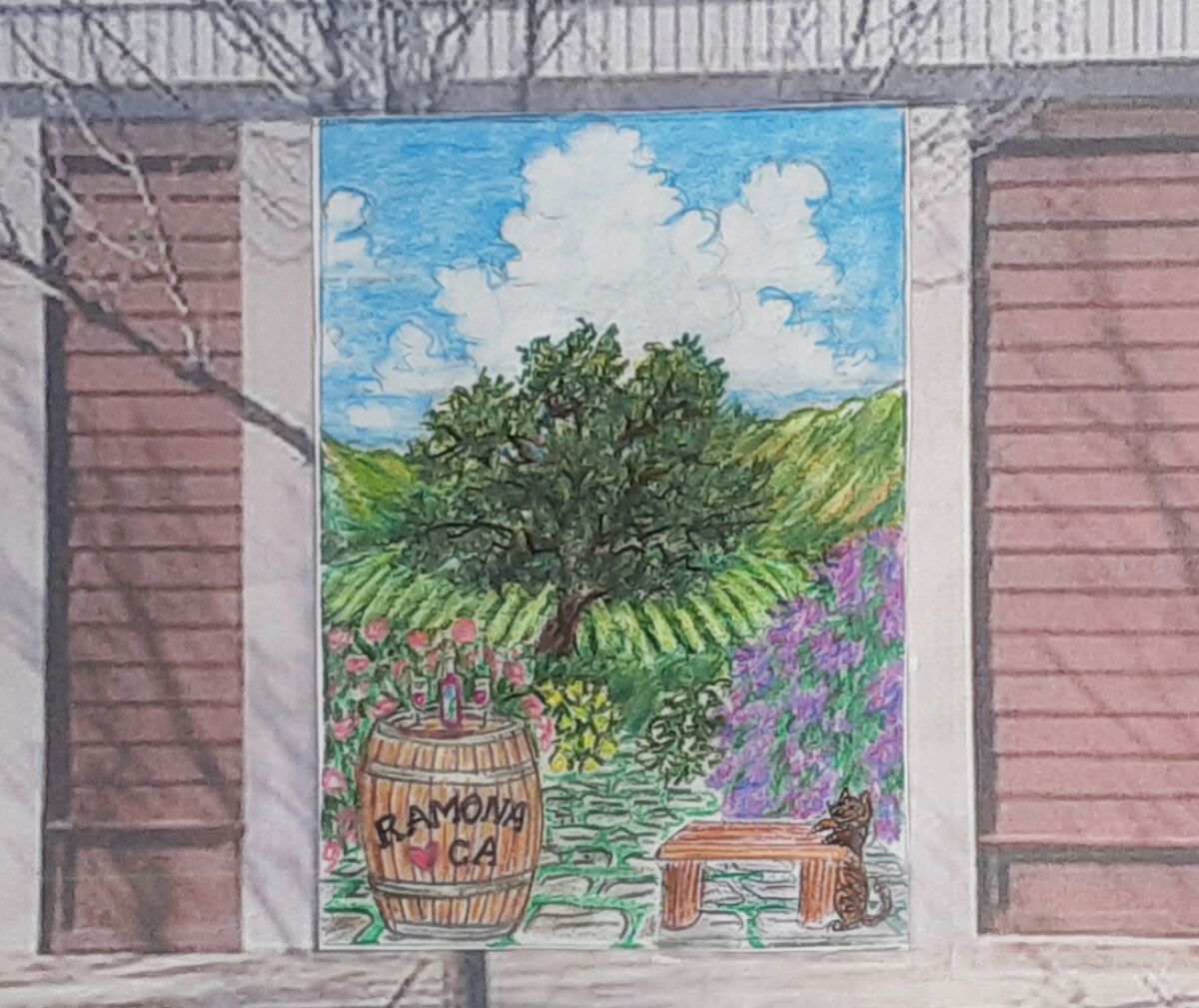 This sketch shows how the mural will give the impression that someone can walk down a path and into a vineyard or drink wine.