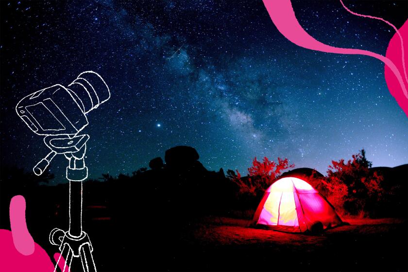 Illustration of a camera on a tripod overlaid on a photo of the night sky milky way and a tent.