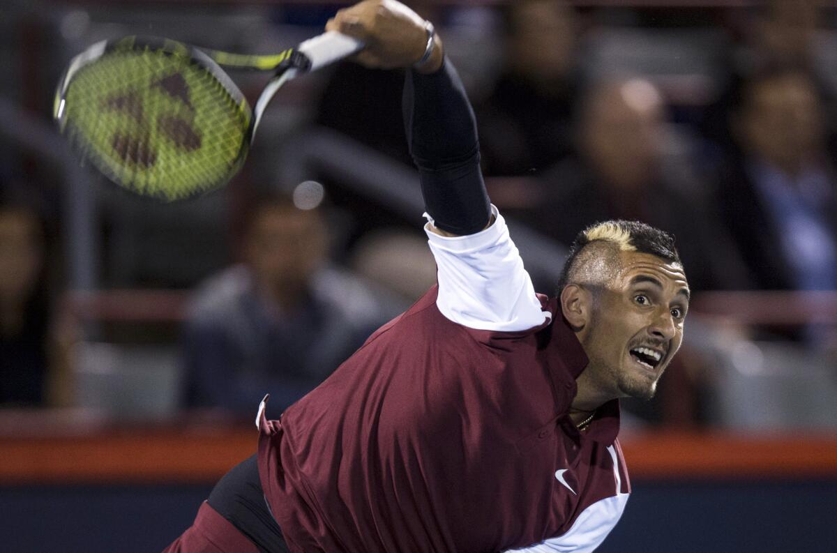 Nick Kyrgios serves to Stan Wawrinka on Wednesday during the second round of the Rogers Cup in Montreal.