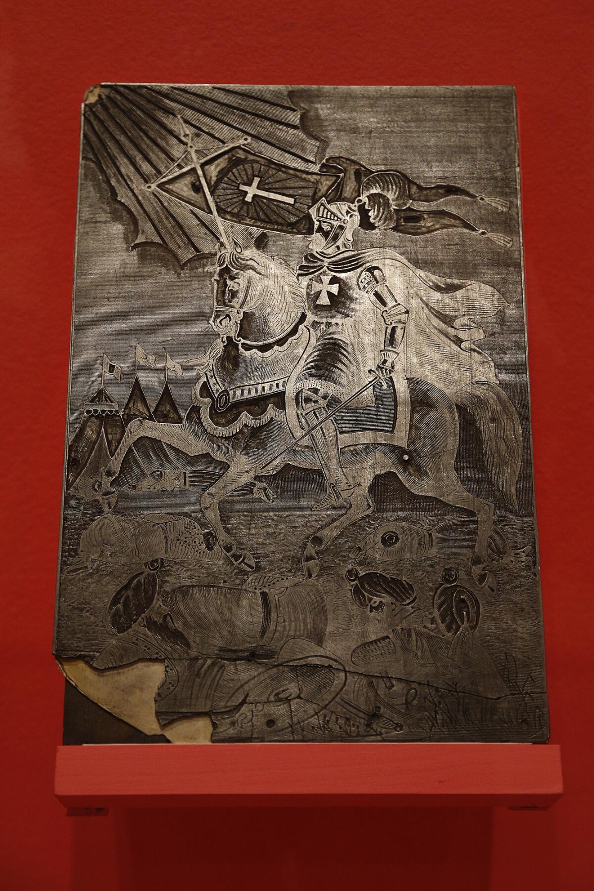 A lead engraving printing plate called "Saint Santiago," dated 1895 by José Guadalupe Posada.