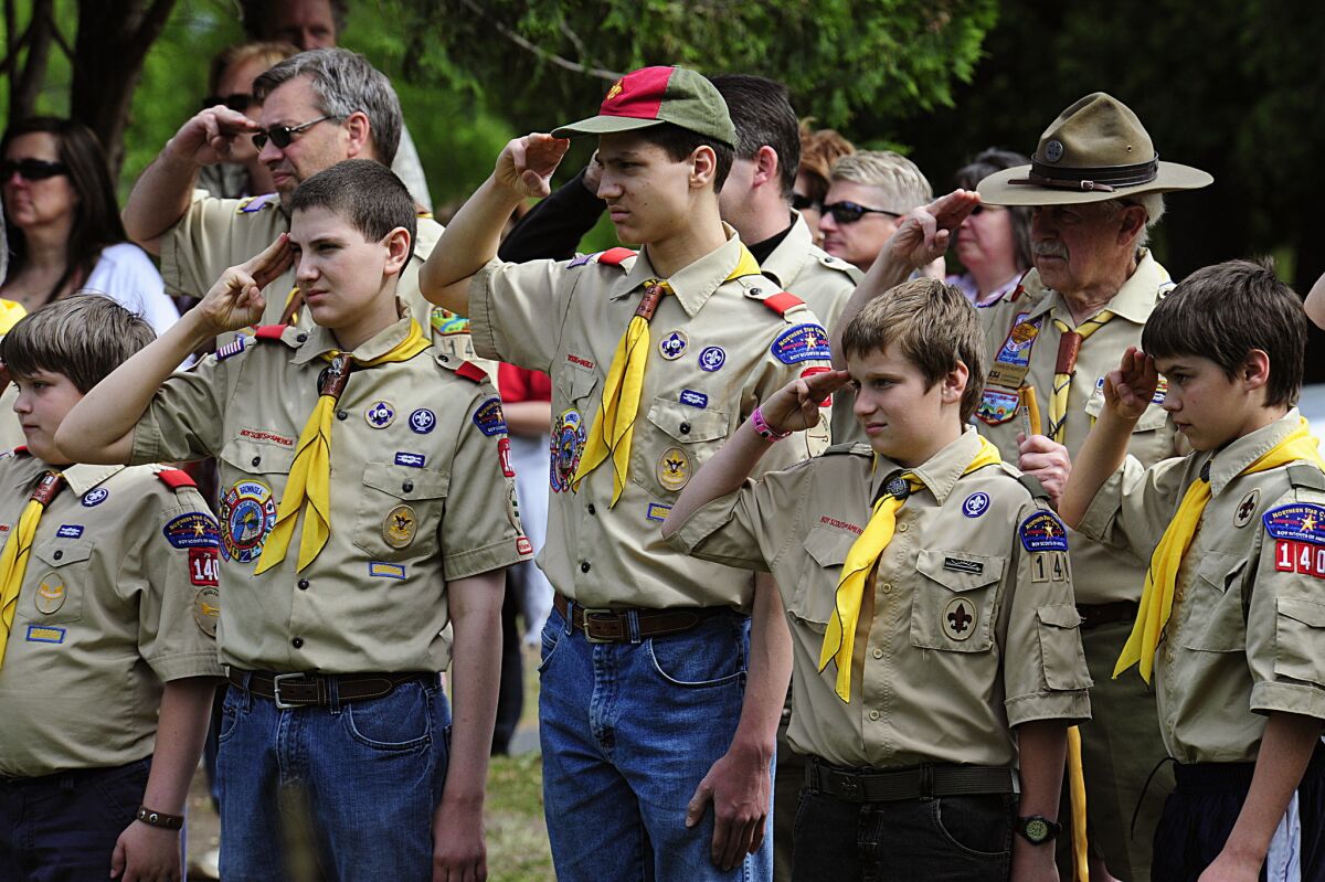 Members of the Boy Scouts of America salute during a flag raising at the Willow River Cemetery in Hudson, Wis., during Memorial Day ceremonies on May 25, 2009.