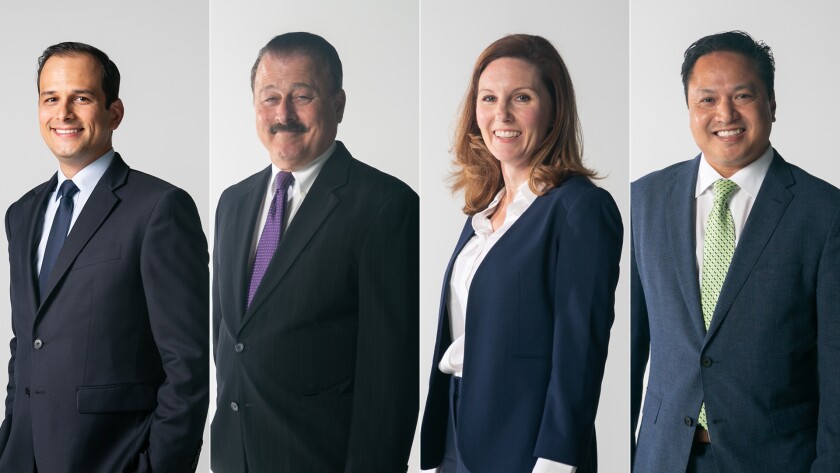 The candidates for San Diego City Council District 7 are, left to right, Raul Campillo, Monty McIntyre, Wendy Wheatcroft and Noli Zosa.