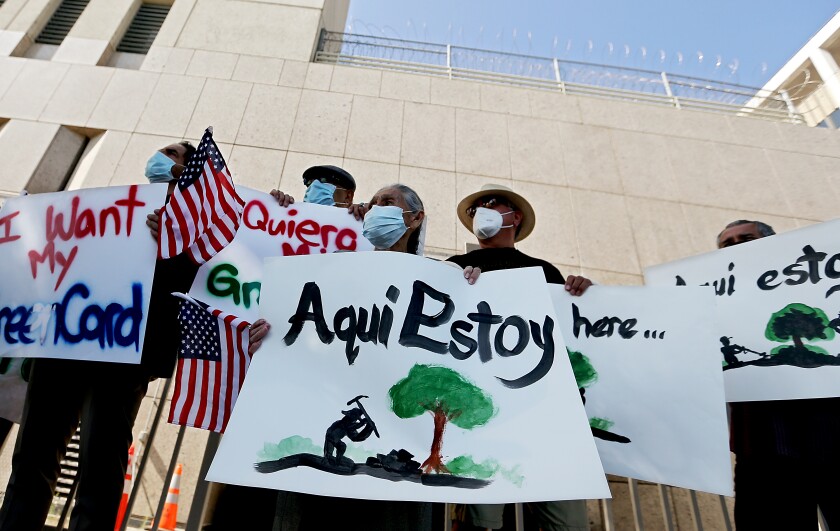 People in masks hold hand-painted signs with messages in support of immigrants.