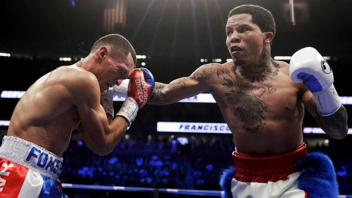 Gervonta Davis hits Francisco Fonseca during their Aug. 26, 2017 fight in Las Vegas, after missing weight and losing his his title.