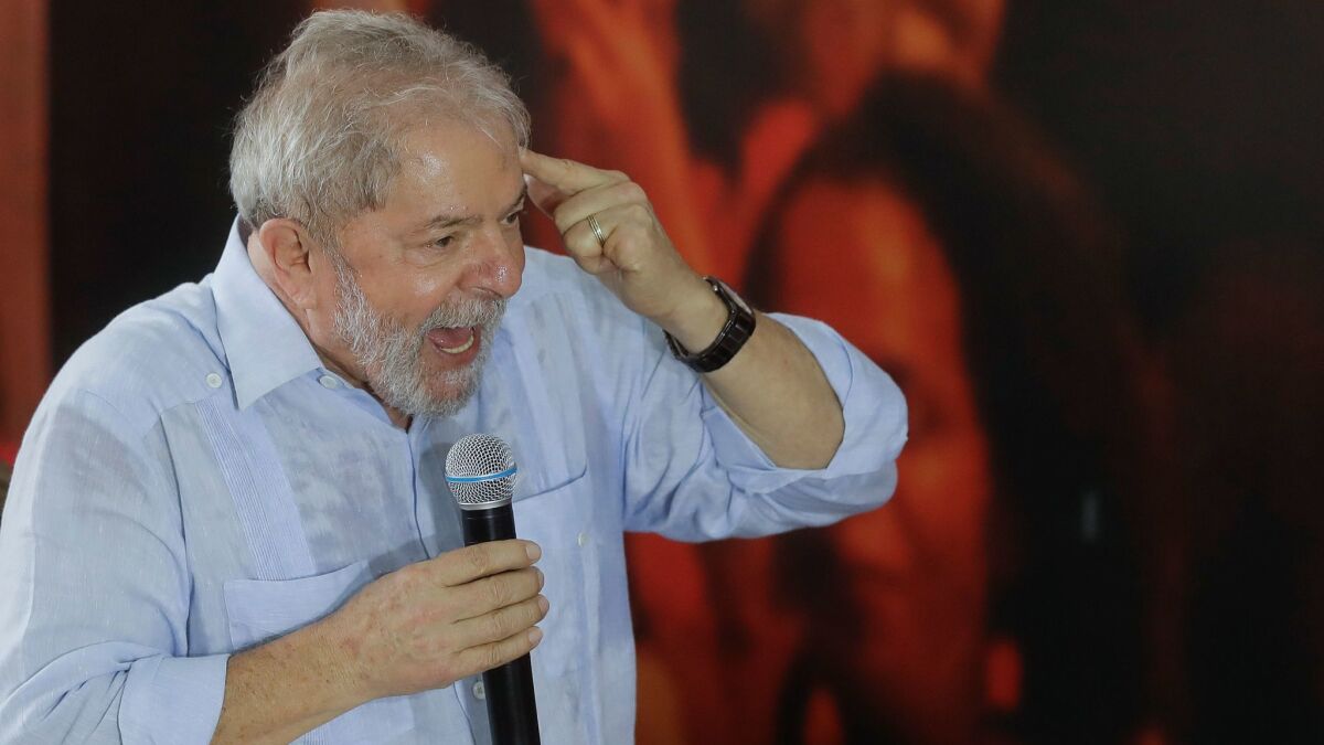 Former Brazilian President Luiz Inacio Lula da Silva addresses executive members of the Workers' Party in Sao Paulo on Jan. 25, 2018.