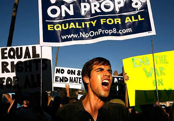 Matthew McKelligon of Los Angeles protests Proposition 8 in front of the Mormon temple in Westwood.