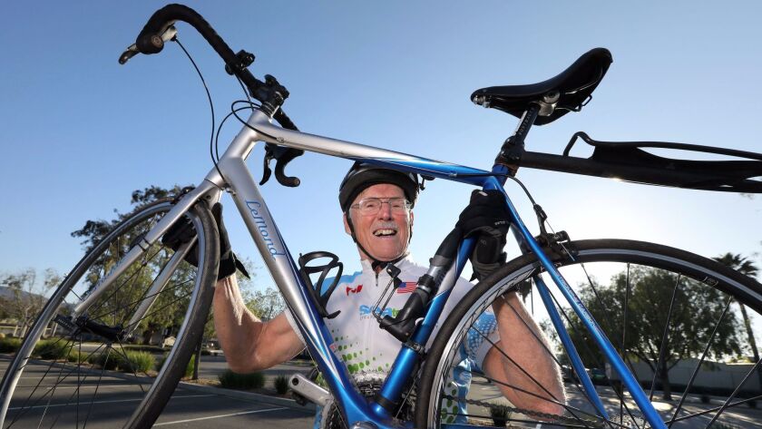 Pauma Valley resident Jim Beezhold, 81, with his 35-pound LeMond Trek bike, which he'll ride 4,200 miles across Canada next summer.