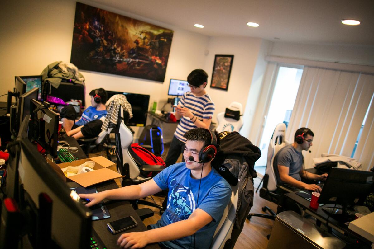 Players on Team Liquid practice at the e-sports club's home in Santa Monica in April 2015.