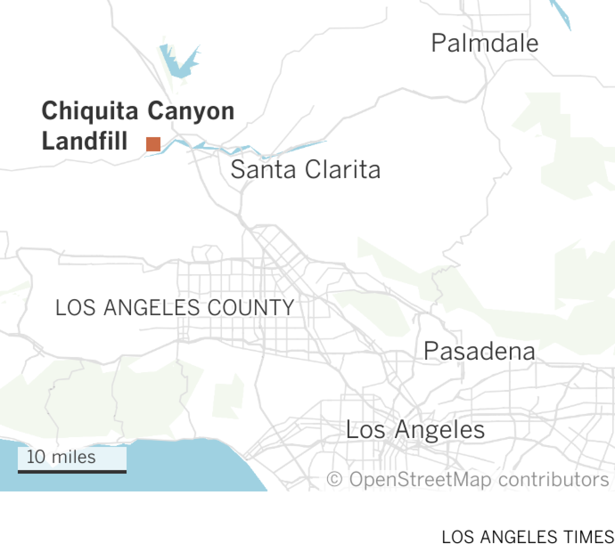 La carte montre l'emplacement de la décharge de Chiquita Canyon, près de Castaic.