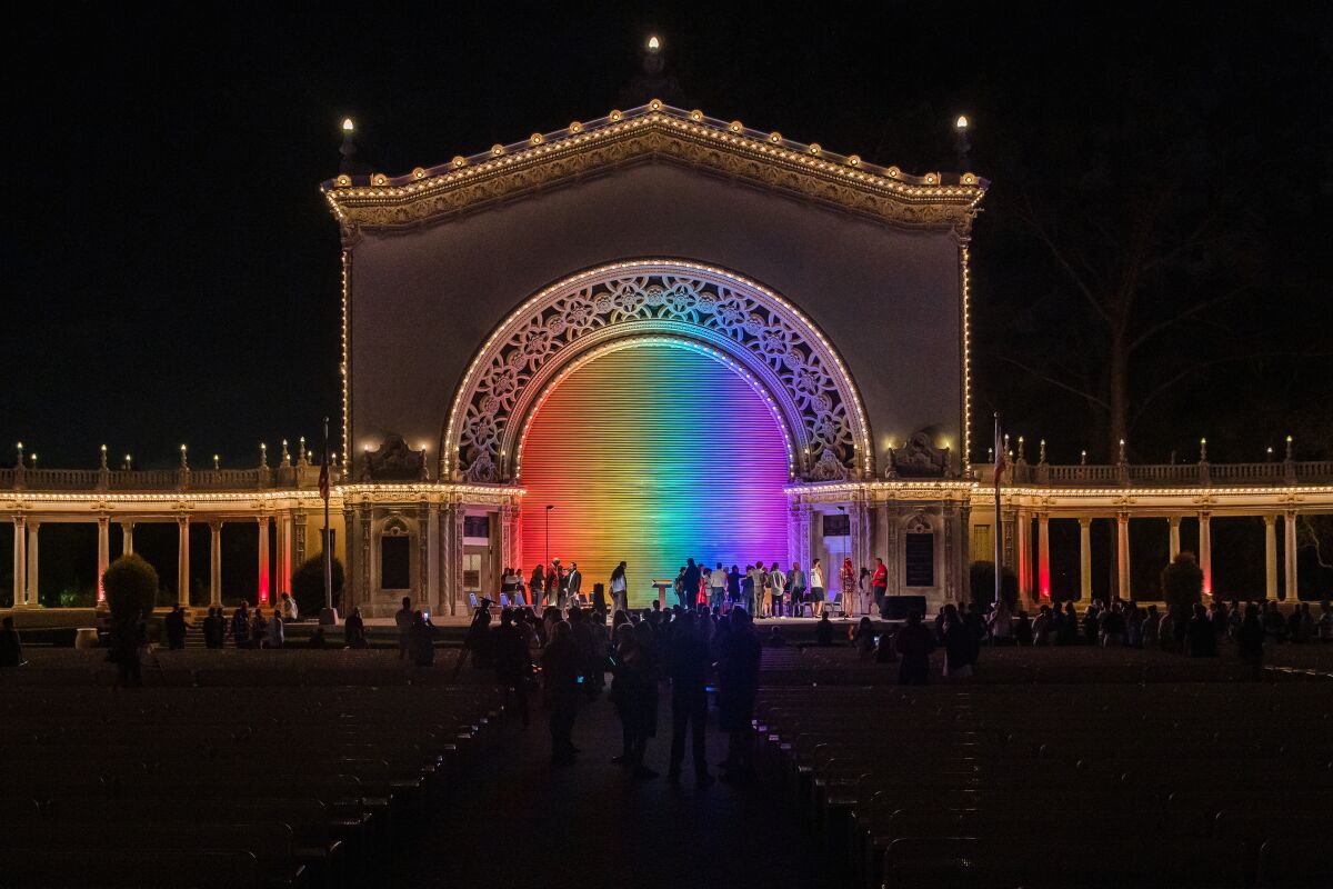 Spreckles Organ Pavilion at Balboa Park is lit up to honor the LGBTQ community on July 12, 2021.