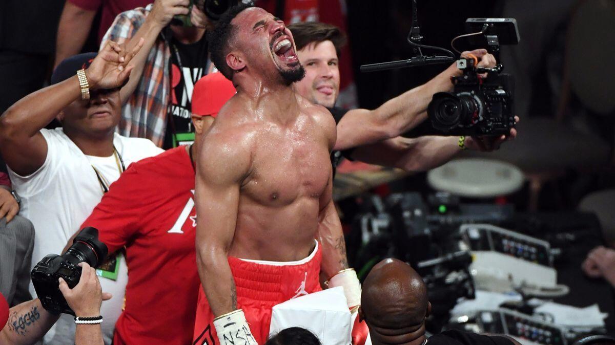 Andre Ward celebrates after winning his light heavyweight championship bout against Sergey Kovalev on Saturday.