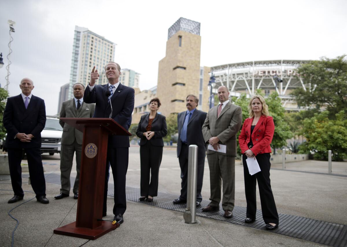 San Diego Mayor Kevin Faulconer speaks during a news conference about the city's efforts to build a new stadium for the Chargers in San Diego on Friday.