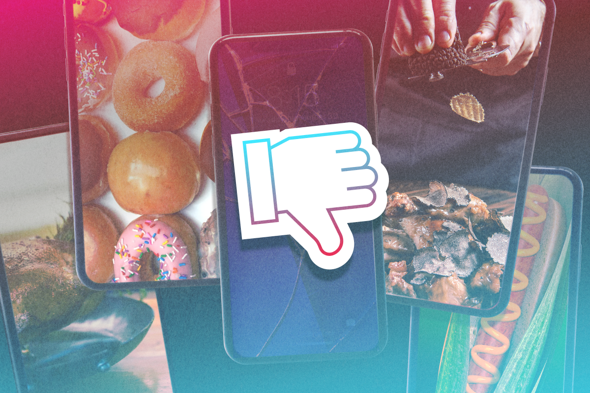 Thumbs-down looming over various phones showing food trends