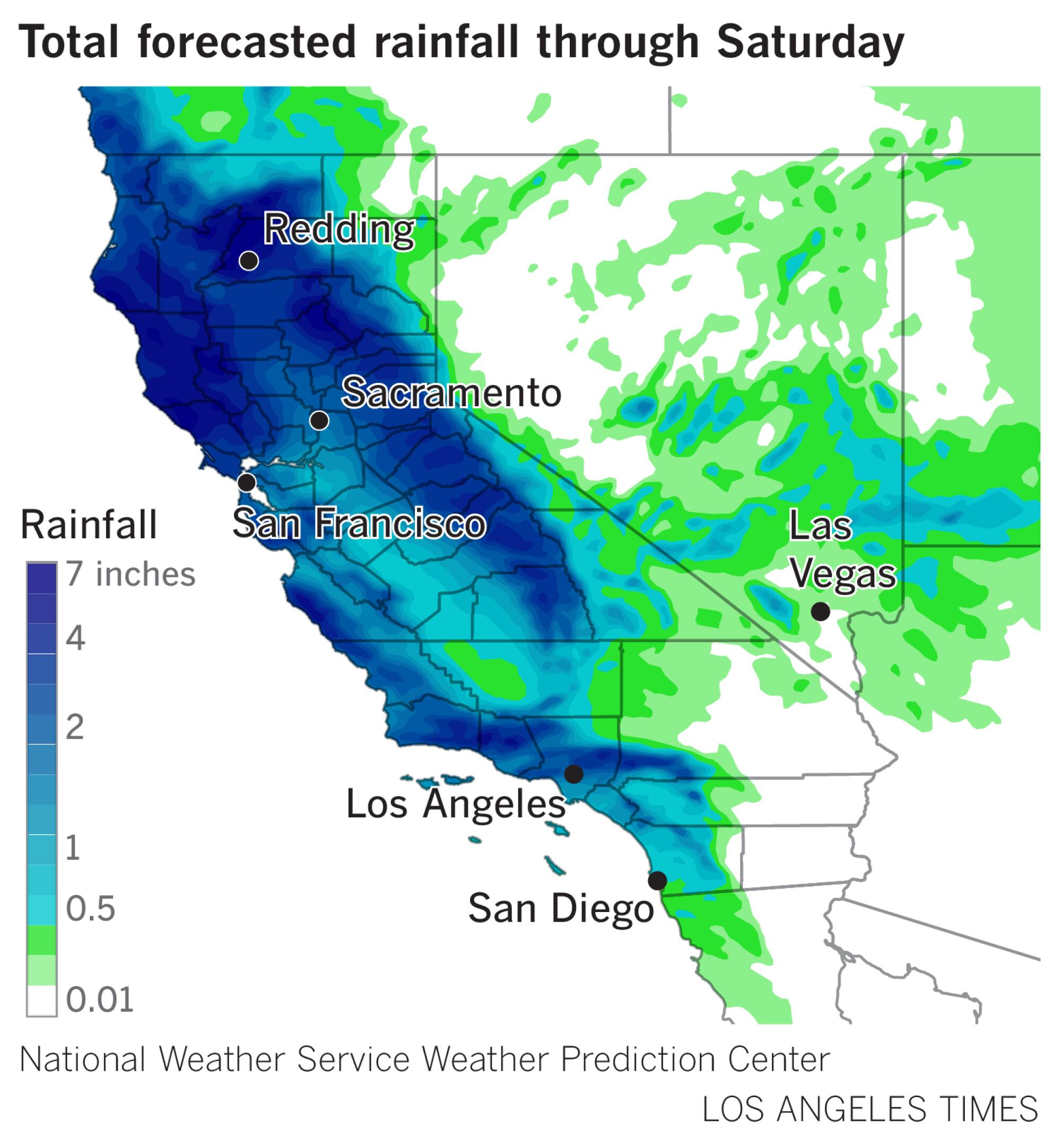 Map shows total forecasted rainfall of up to 7 inches in Northern California and in mountain areas.