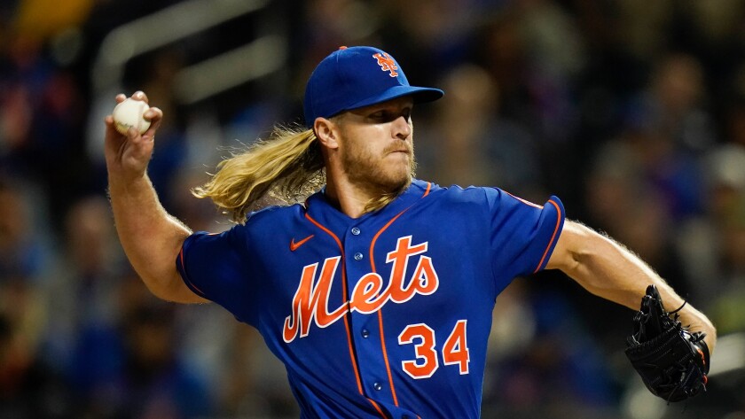 New York Mets' Noah Syndergaard pitches during the first inning against the Miami Marlins.