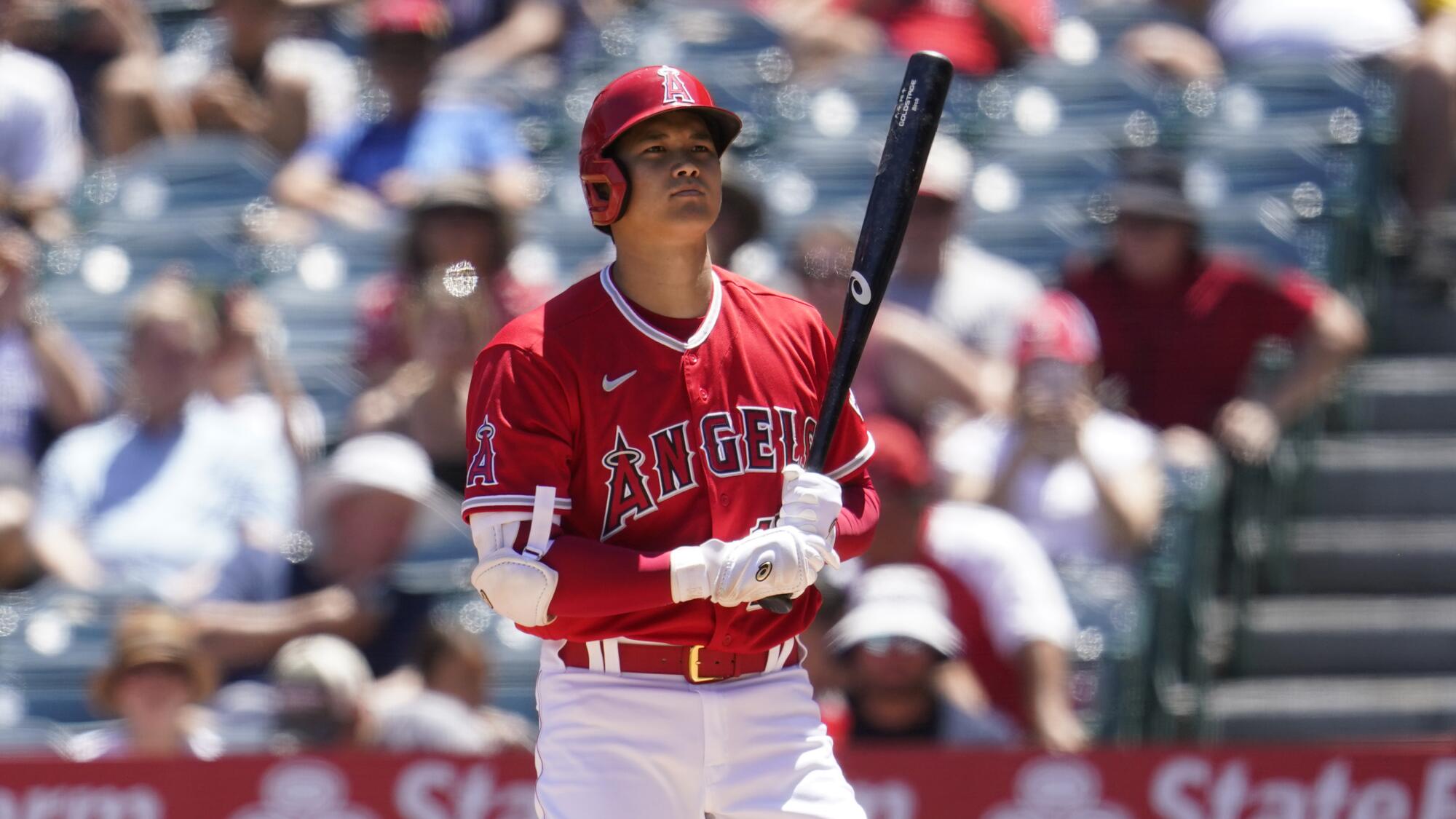 Shohei Ohtani of the Angels prepares to bat against the Minnesota Twins on Aug. 14, 2022.
