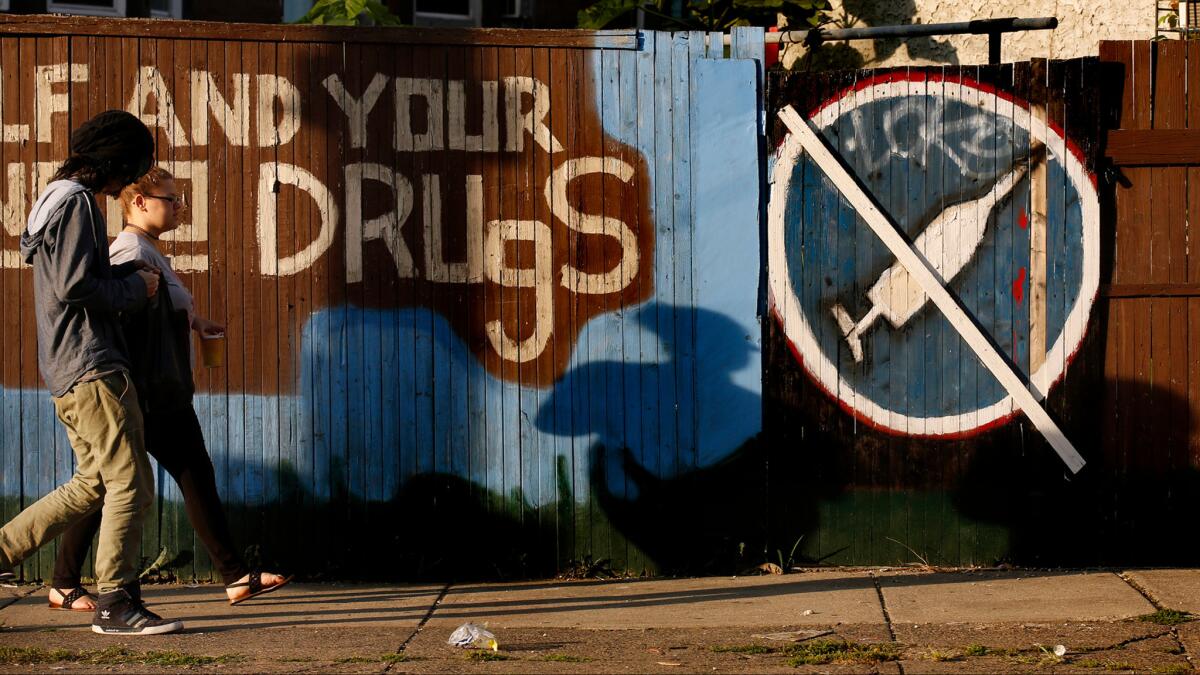 Anti-drug message painted on a fence in north Philadelphia.
