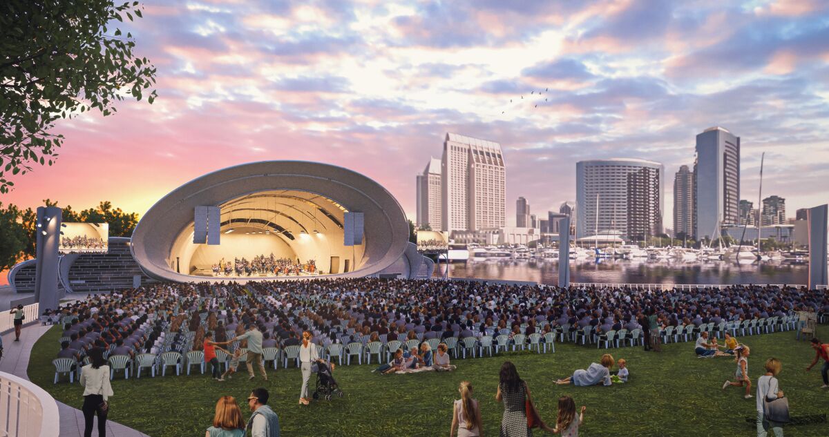 The Shell, the San Diego Symphony's new, year-round outdoor concert and events venue, is shown above in an artist's rendering. It will open on July 10.