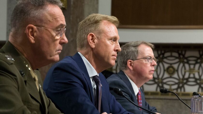 From left, Chairman of the Joint Chiefs of Staff Gen. Joseph Dunford Jr., acting Defense Secretary Patrick Shanahan and Undersecretary of Defense David Norquist at a Senate Armed Services Committee hearing on Thursday in Washington.