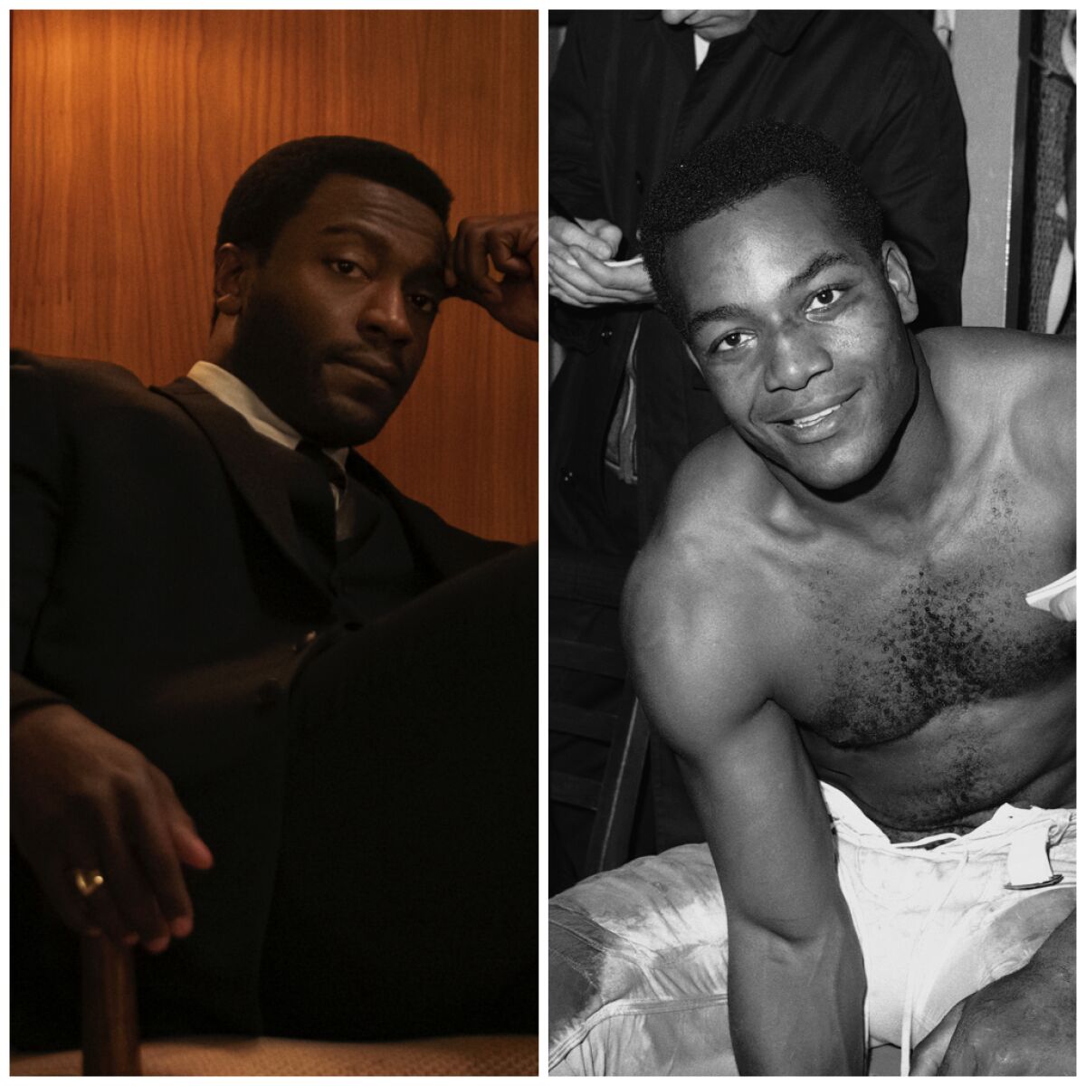 A diptych of a movie still featuring Aldis Hodge as Jim Brown in "One Night in Miami" and a 1964 photograph of Jim Brown.