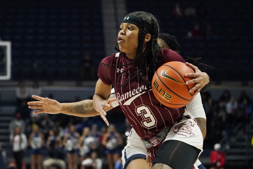 South Carolina guard Destanni Henderson (3) dribbles towards the basket during the first half of an NCAA college basketball game against Mississippi in Oxford, Miss., Sunday, Feb. 27, 2022. (AP Photo/Rogelio V. Solis)