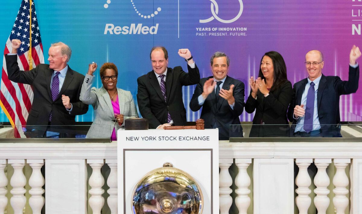ResMed CEO Michael Farrell, of San Diego, rang the NYSE opening bell on Monday, Sept. 30, 2019. From left, ResMed CAO David Pendarvis, Key Account Manager Tracey Chamberlain, Farrell, NYSE VP Chris Taylor, ResMed Investor Relations V.P. Amy Wakeham and COO Rob Douglas.