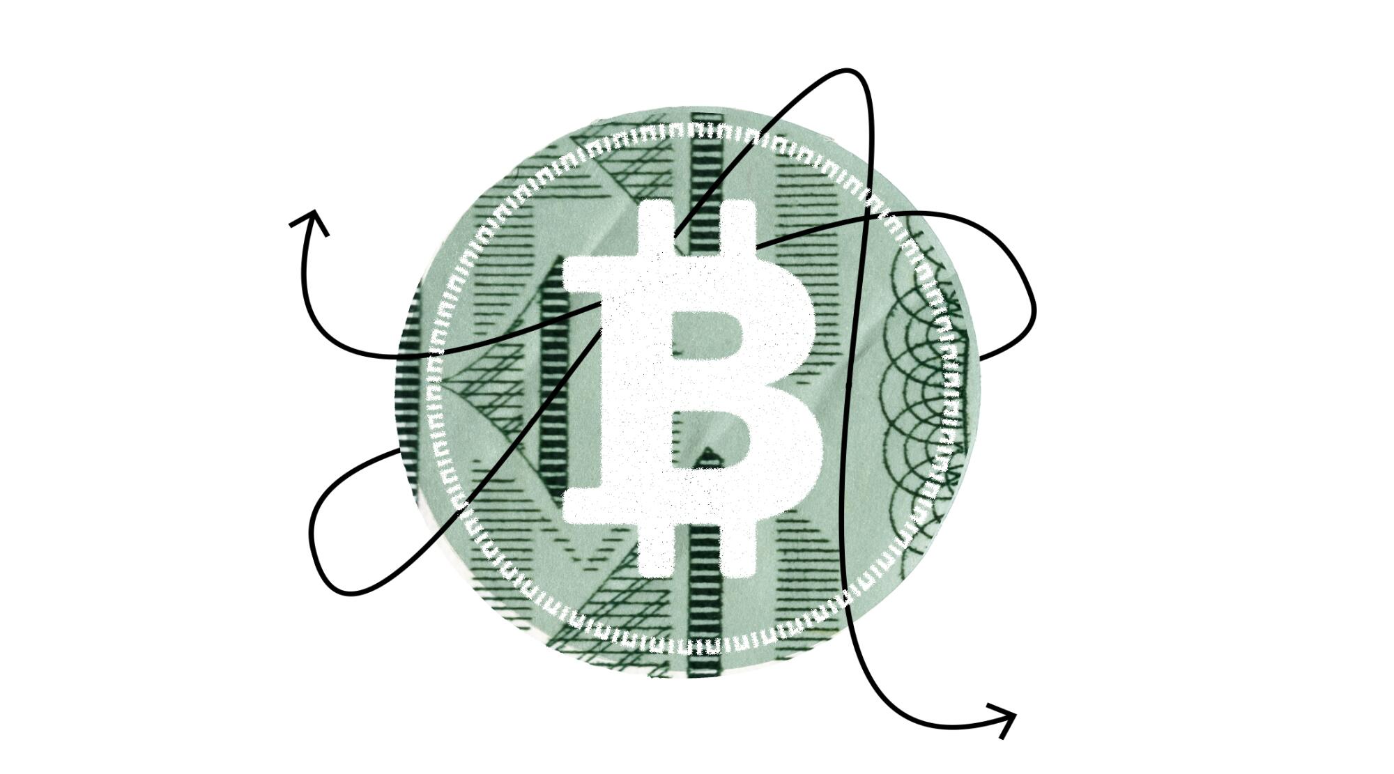 A circular cutout of a dollar bill encircled by arrows. A bitcoin logo is in the middle.