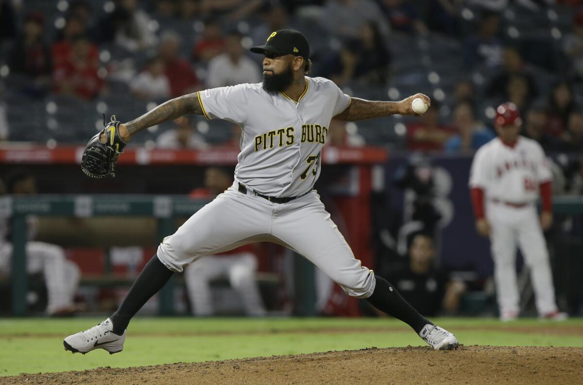 Pittsburgh Pirates closer Felipe Vazquez throws against the Angels on Monday.