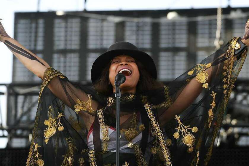 Erykah Badu is seen performing on the Coachella stage at the Coachella Valley Music and Arts Festival at the Empire Polo Grounds in Indio on April 16, 2011.