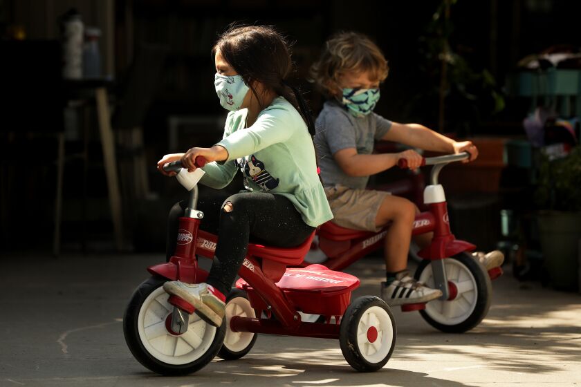 LOS ANGELES-AUGUST 27, 2020: Children play at Voyages Preschool in Los Angeles on Thursday, August 27, 2020. (Christina House / Los Angeles Times)